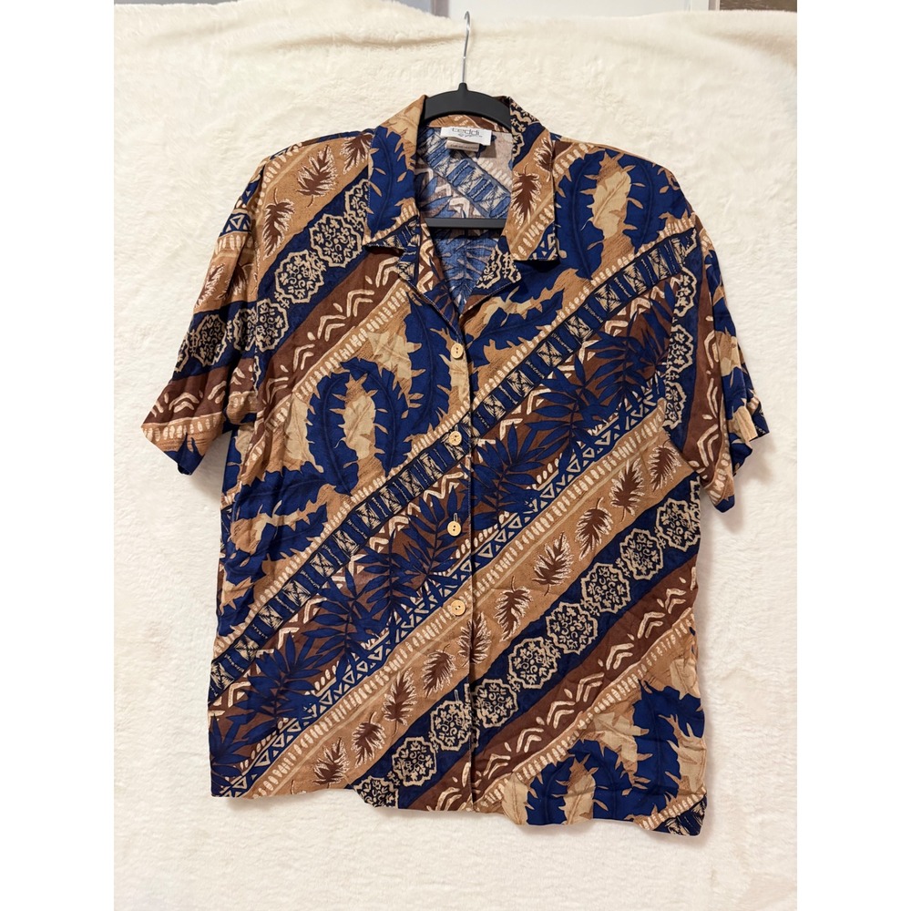 Teddi Rayon Tropical Batik Print Button Up Shirt Womens Medium Blue Brown Boho